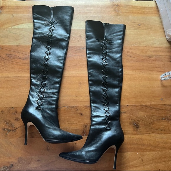 Manolo Blahnik Shoes - Manolo Blahnik Over the Knee Black Leather Boots side lace details size 38.5